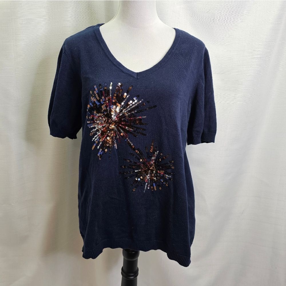 My Michelle Blue Sequin Short Sleeve Sweater Size Large